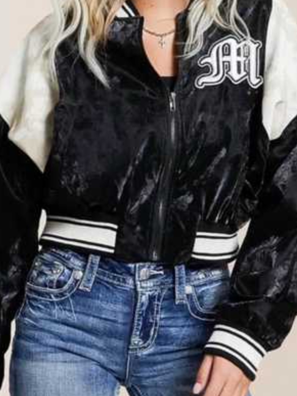 Miss Me Black and White Velvet Bomber Jacket with 'M' Patch